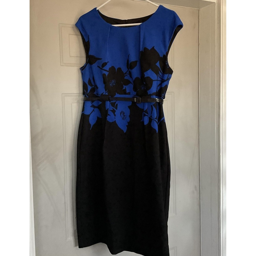 Connected Apparel Dress Womens 10 Blue Black Floral Sheath Belted Knee Length